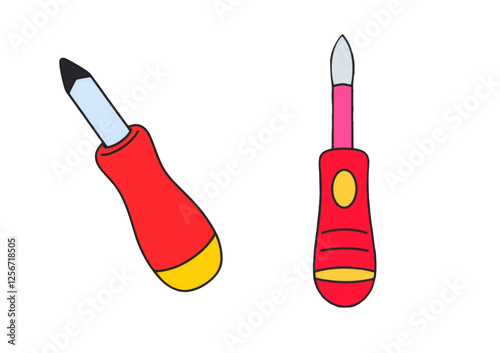 Cartoon Style Red and Yellow Screwdriver Isolated on White Background.