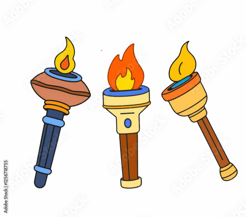 Cartoon Style Torch with Glowing Flame Isolated on White Background.