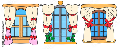 Cartoon Style Window with Blue Glass Panes and White Curtains Isolated on White Background.