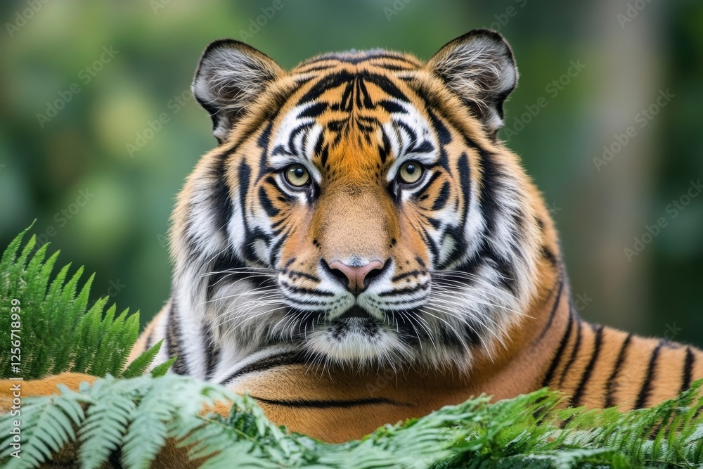 Obraz premium Majestic tiger portrait with intense gaze amidst lush greenery. Generative AI