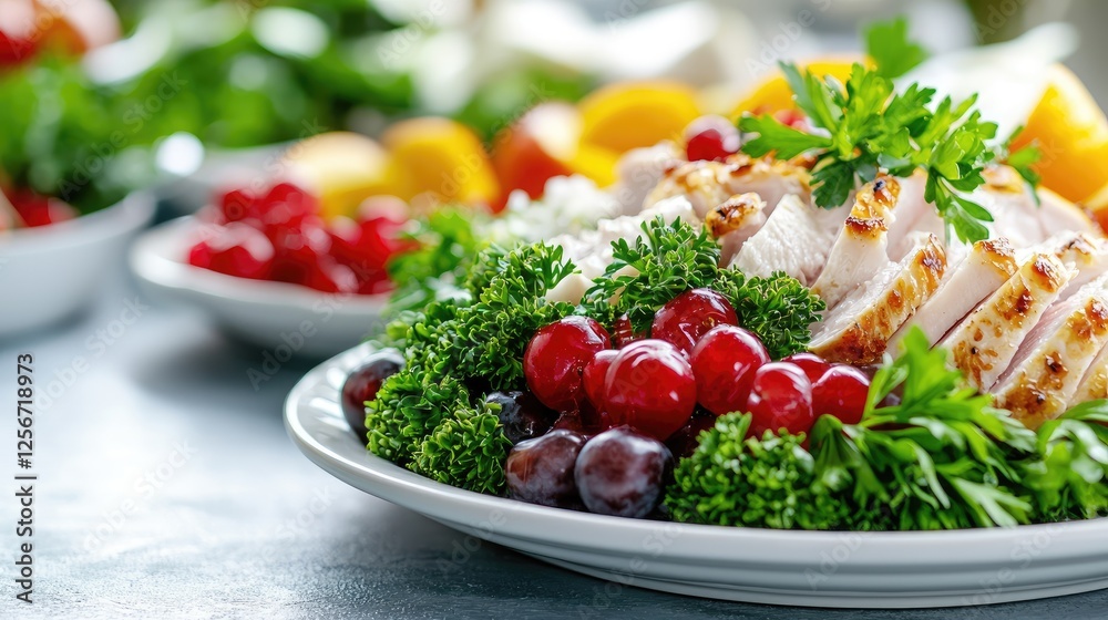 Sliced roasted turkey breast with cranberries, garnished with parsley, served on a platter for Thanksgiving dinner Sliced roasted turkey breast with cranberries, garnished with parsley, served on a platter for Thanksgiving dinner