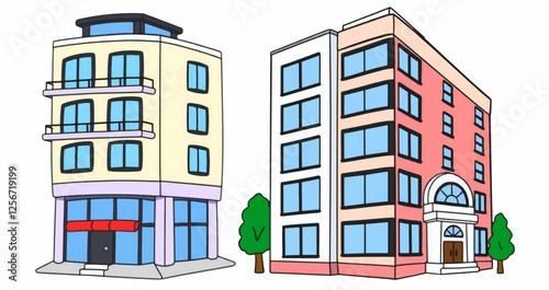 Modern Cartoon Style Condo with Sleek Glass Windows and Flat Roof Isolated on White Background