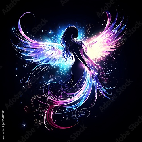 Wallpaper Mural Mystical winged woman silhouette, vibrant colors, dark background. Stock photo for fantasy, art, or spiritual themes Torontodigital.ca