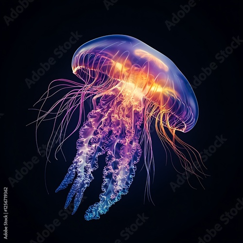 Vibrant bioluminescent jellyfish against black backdrop, possible use in nature or science publication photo