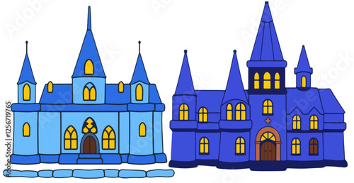 Cartoon, Hand drawing Style Enchanted Castle with Towering Spires in Deep Blue Isolated White Background