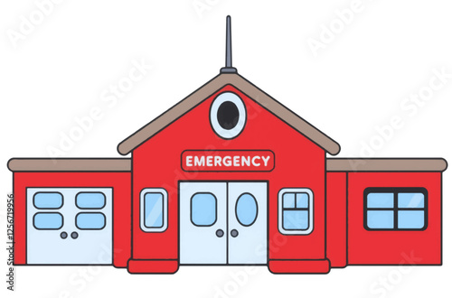 Cartoon, Hand drawing Style Fire Station in Bright Red Isolated White Background