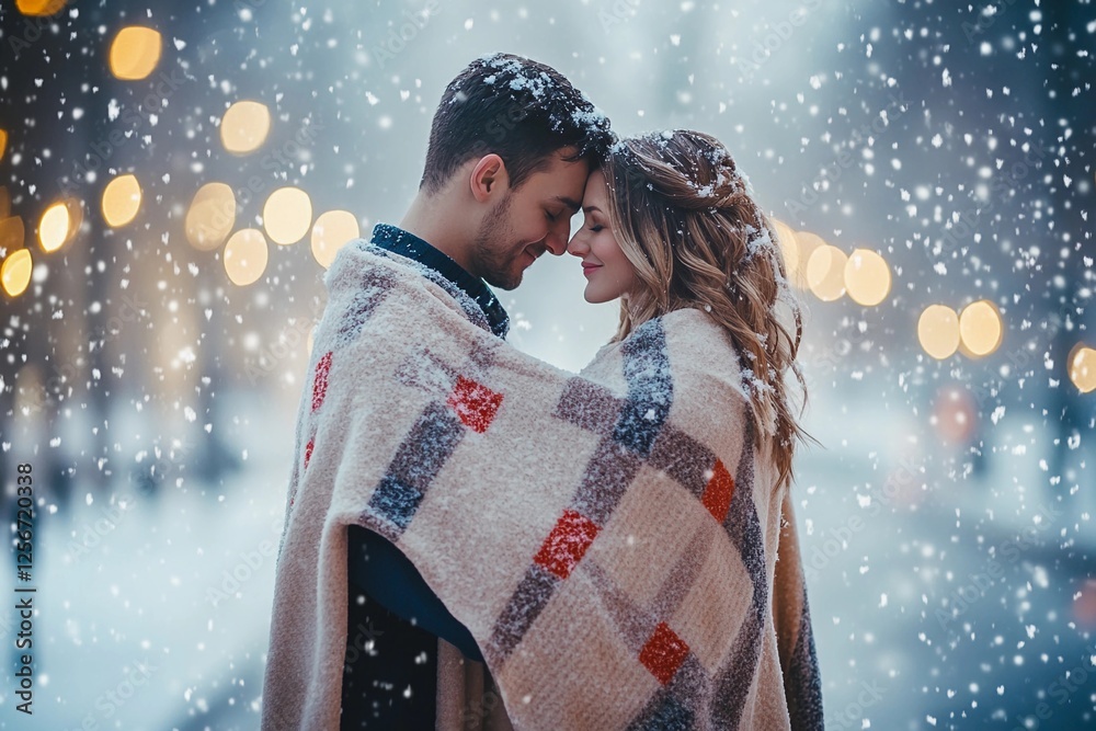 Couple embraces in a snowy park surrounded by soft glowing lights during winter evening Couple embraces in a snowy park surrounded by soft glowing lights during winter evening