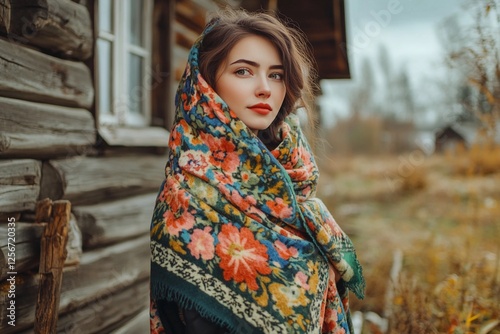 Young woman in colorful shawl poses near rustic wooden cabin during autumn afternoon in a rural area