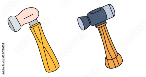 Cartoon Style Hammer with Wooden Handle and Metal Head Isolated on White Background
