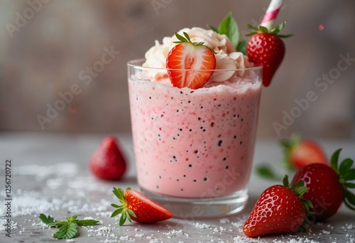 An strawberry milkshake in a glass with ice cream and strawberries on it, with some strawberries and leaf on the table. AI Generated