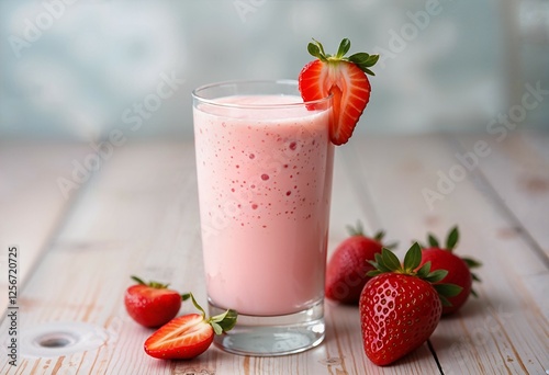 An strawberry milkshake in a glass with ice cream and strawberries on it, with some strawberries and leaf on the table. AI Generated