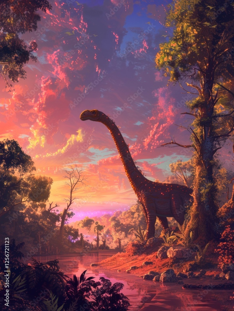 Fototapeta premium The image presents a serene prehistoric scene where a large sauropod dinosaur is standing beside a gently flowing river. The foreground is filled with lush greenery and a variety of plants reminiscent