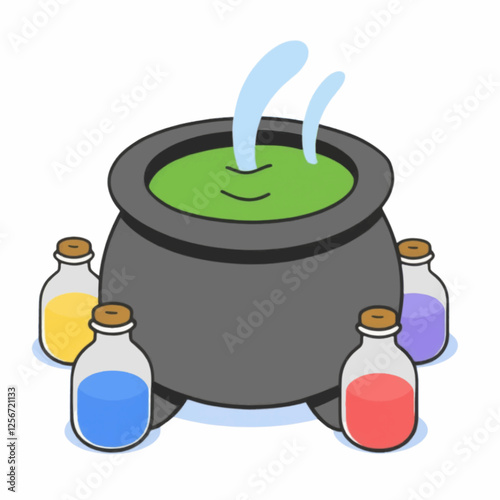 Cartoon, Hand drawing Style Magic Cauldron and Potion Bottles in Black, Green, Purple, and Deep Blue Isolated White Background