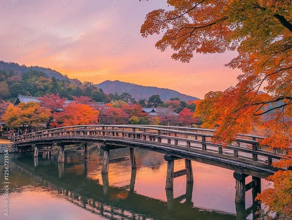 Serene autumn sunset over a wooden bridge reflecting in calm water, surrounded by vibrant foliage and hills. Serene autumn sunset over a wooden bridge reflecting in calm water, surrounded by vibrant foliage and hills.