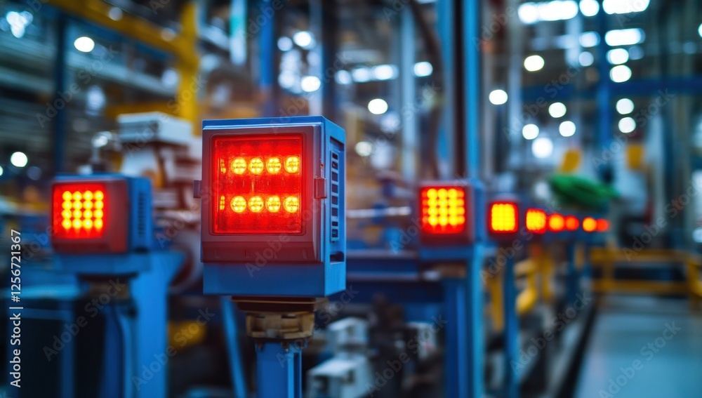 Industrial Red Lights in Factory Setting Industrial Red Lights in Factory Setting