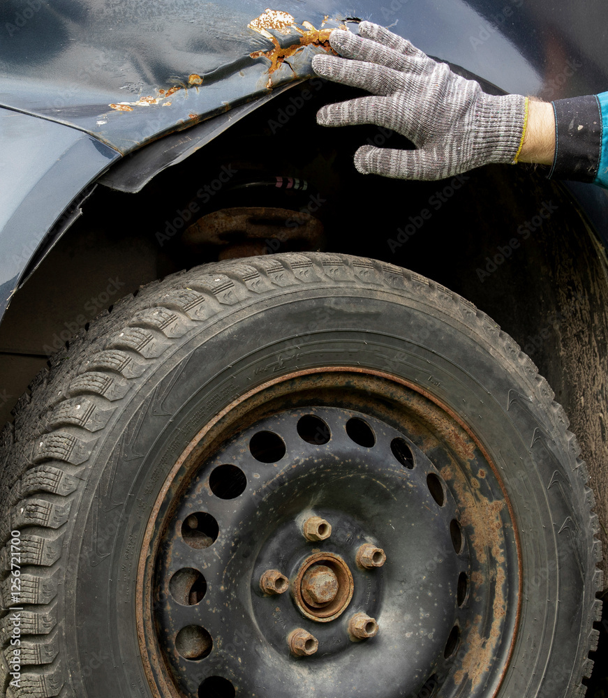 Person is touching a tire with gloves on Person is touching a tire with gloves on