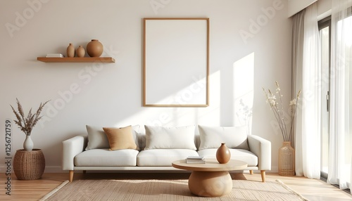 japandi interior with empty frame mockup, organic wooden elements, soft neutral colors, cozy minimalist aesthetic, warm natural light, modern