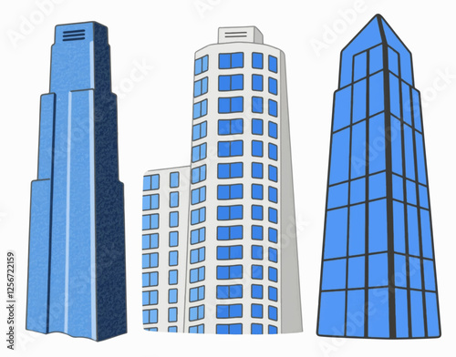 Vector Style Skyscraper with Reflective Blue Glass Isolated White Background
