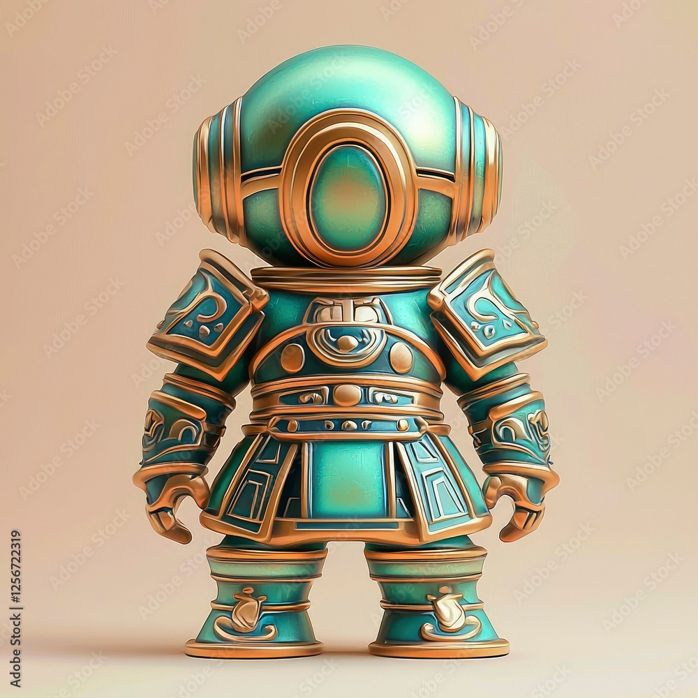 Naklejka premium Ornate Teal and Gold Robot Figurine, 3D Render