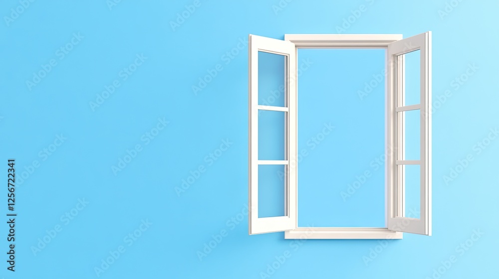 Open window with white frames against a light blue background, symbolizing freedom and freshness Open window with white frames against a light blue background, symbolizing freedom and freshness