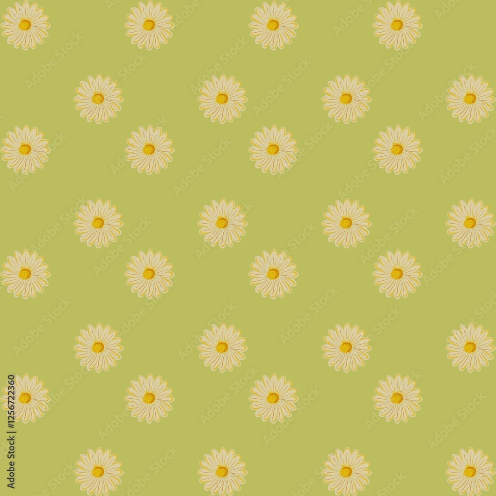 Obraz premium Seamless blooming floral daisy pattern on light green background, dpi 5000x5000