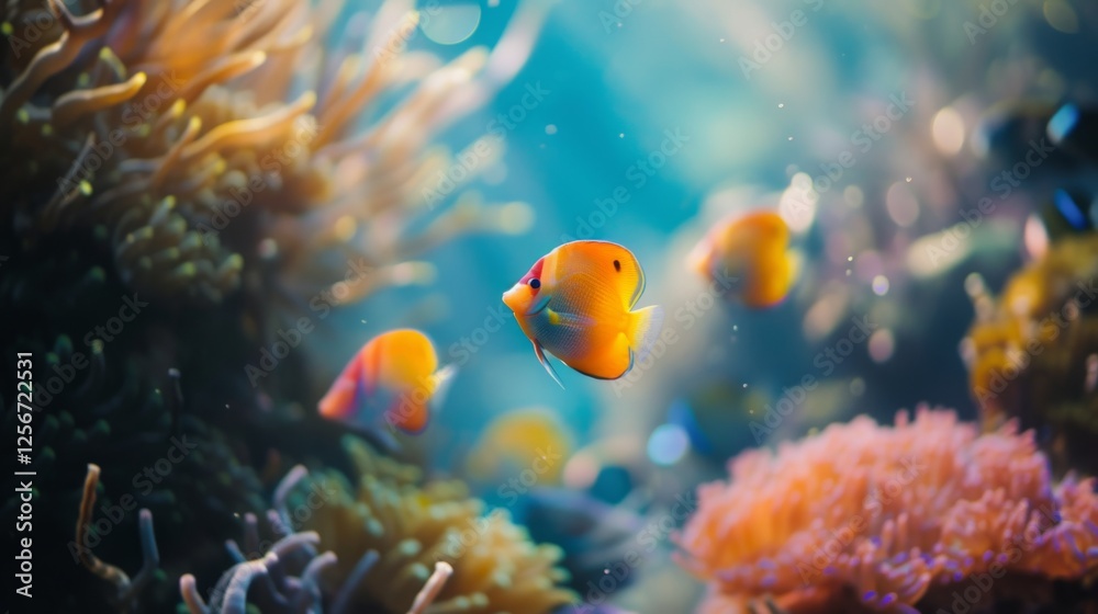 Fototapeta premium Beautiful yellow tang fish gliding through a coral garden, set against a vibrant underwater backdrop teeming with marine life. AI generated.