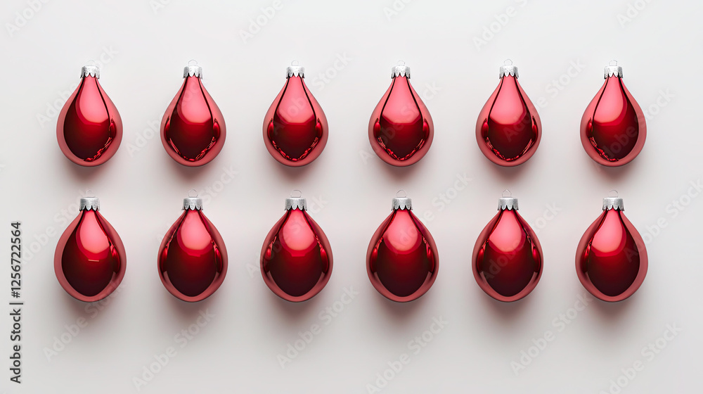 Obraz premium Twelve Red Christmas Ornaments Arranged in a Neat Row on White Background