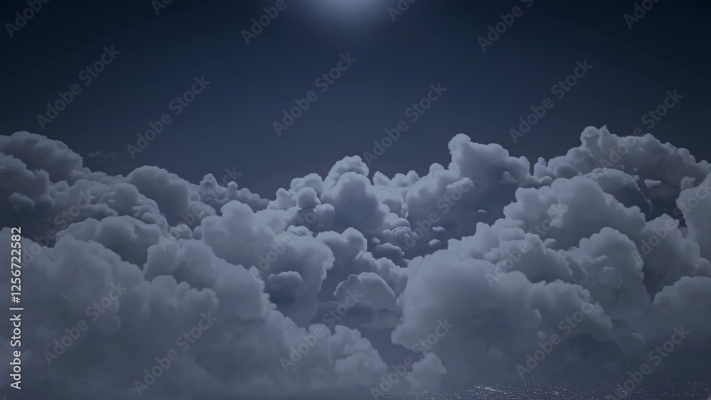 Obraz premium Moonlight illuminating a vast expanse of fluffy cumulus clouds at night, creating a dramatic and atmospheric scene above a sparkling city filled with twinkling lights