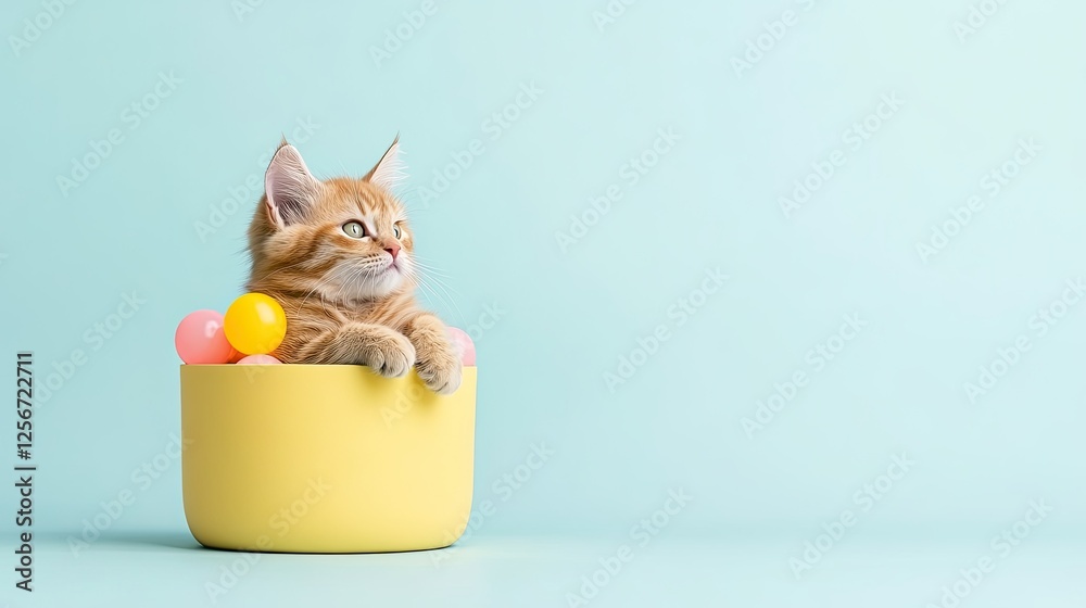 Naklejka premium Playful ginger kitten lounging in a pastel yellow bowl with colorful balls against a soft blue background