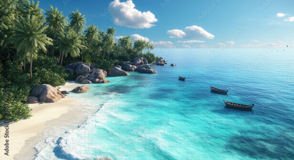 Fototapeta premium Tropical Beach with Crystal-Clear Blue Ocean and Palm Trees.