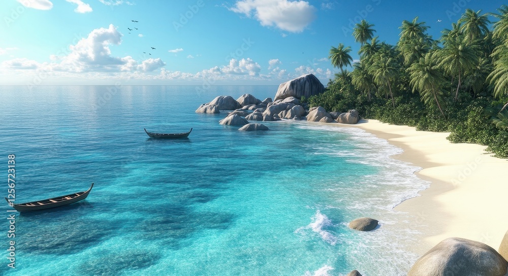 Fototapeta premium Tropical Beach with Crystal-Clear Blue Ocean and Palm Trees.