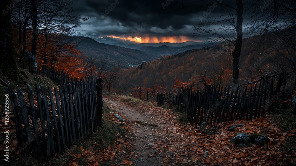 Obraz premium Serene autumn landscape with a winding path through vibrant foliage under a dramatic sky