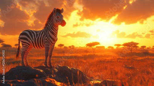 Majestic zebra standing on rocks at sunset in a vibrant savanna landscape with silhouettes of trees