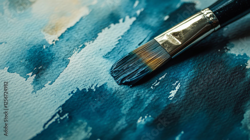 Closeup of paintbrush painting with wet watercolor paint abstract brushstrokes on textured watercolor paper many beautiful shades of blue art class creativity with copy space