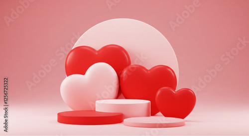 Heart 3D background podium balloon pink day display love happy valentine platform gift party. Product stand 3D background heart stage sale birthday emoji mom icon scene concept mother anniversary.