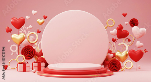 Heart 3D background podium balloon pink day display love happy valentine platform gift party. Product stand 3D background heart stage sale birthday emoji mom icon scene concept mother anniversary.