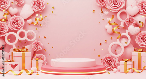 Heart 3D background podium balloon pink day display love happy valentine platform gift party. Product stand 3D background heart stage sale birthday emoji mom icon scene concept mother anniversary.