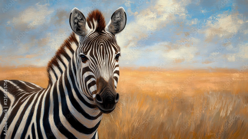 Fototapeta premium Plains Zebra Portrait Against Serene African Sky