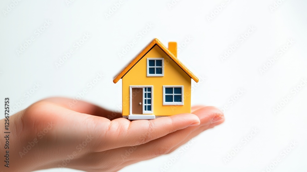 Hand Holding A Bright Yellow House Model With Blue Windows Hand Holding A Bright Yellow House Model With Blue Windows