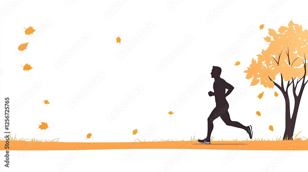 Silhouette of a runner jogging through an autumn landscape with falling leaves and a tree Silhouette of a runner jogging through an autumn landscape with falling leaves and a tree