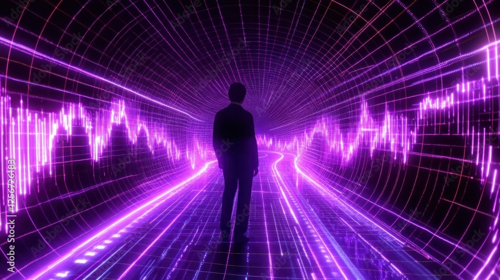 A Man Walking Through a Neon Purple Data Tunnel A Man Walking Through a Neon Purple Data Tunnel