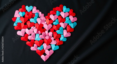 Happy Valentine's Day banner. Holiday background design with big heart made of pink, red and blue Origami Hearts on black fabric background. Horizontal poster, flyer, greeting card, header for website