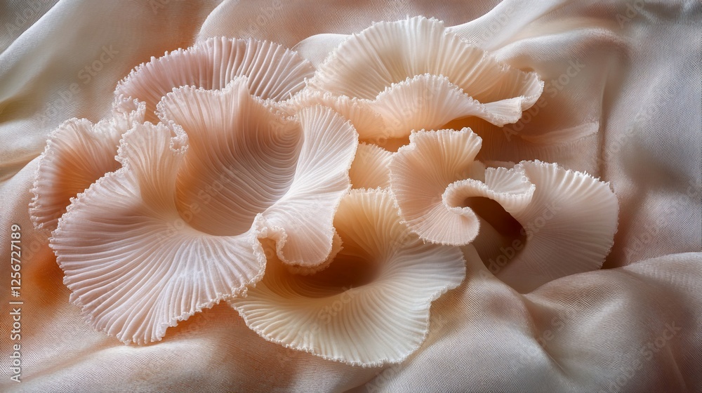 Delicate pink mushrooms arranged on soft fabric. Delicate pink mushrooms arranged on soft fabric.
