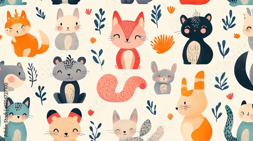 Adorable cartoon animals in a seamless pattern.
