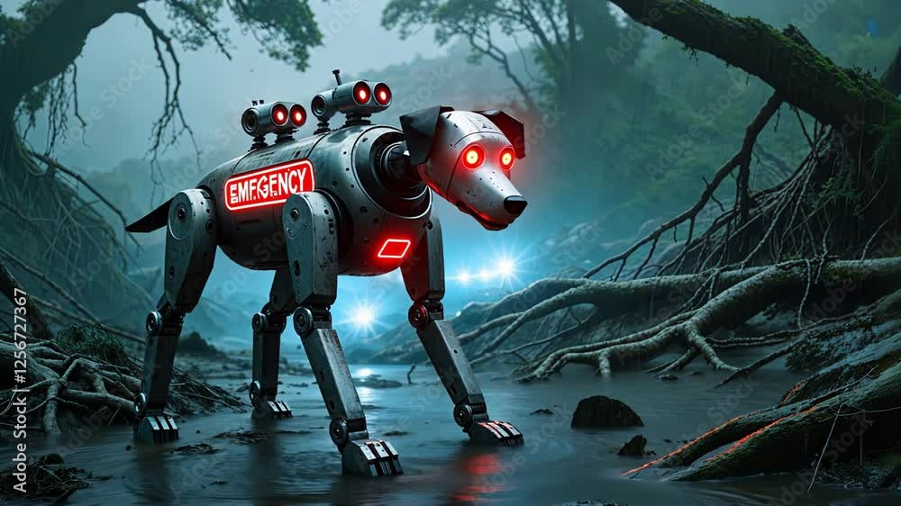 A Futuristic Cyber Dog exploring an Enchanted Forest filled with wonders
