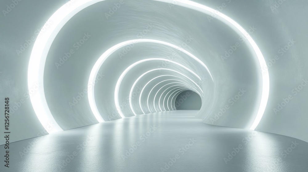 Fototapeta premium Futuristic tunnel with glowing light circles, leading into a dark space. Empty, modern, and sleek architectural design.
