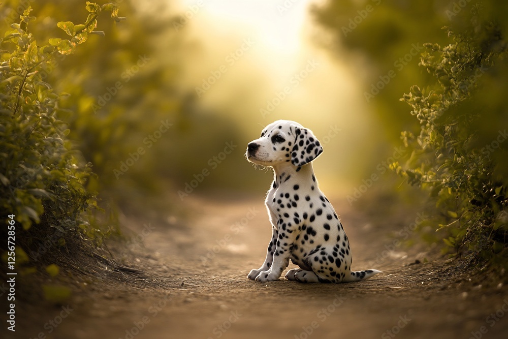 Adorable Dalmatian puppy sitting on a dirt path in a sunlit forest, looking up. Adorable Dalmatian puppy sitting on a dirt path in a sunlit forest, looking up.