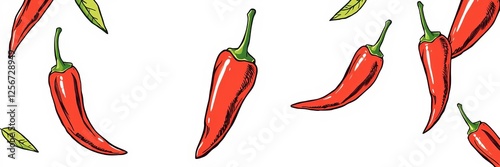 Realistic hand drawn vector illustration of a single fresh whole ripe red chili pepper on white background, illustration, vector, spicy