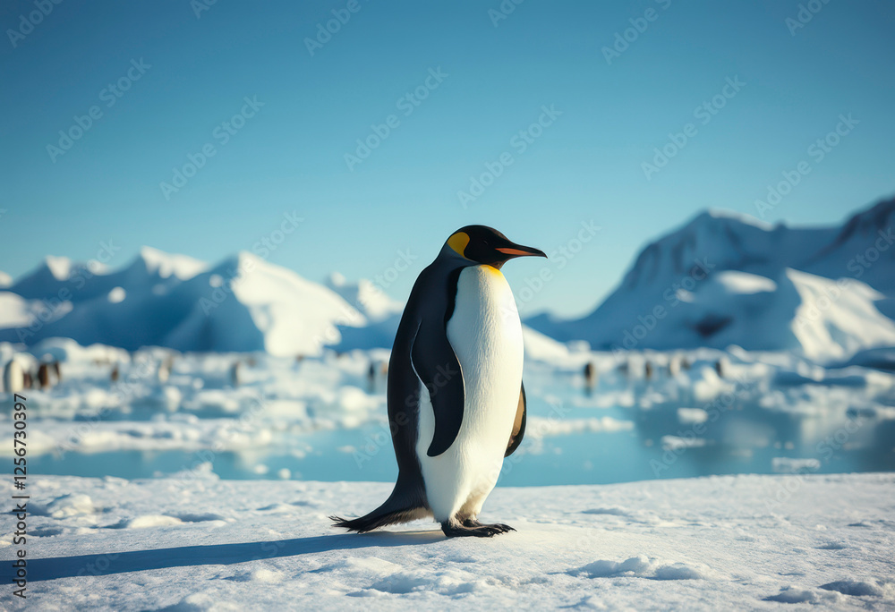 Obraz premium A majestic Emperor penguin stands elegantly on an ice floe, surrounded by icy landscapes, capturing the essence of Antarctic wildlife.