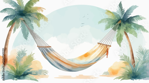 Watercolor tropical hammock scene inside circular background, great for vacation posters, summer flyers, and travel branding.